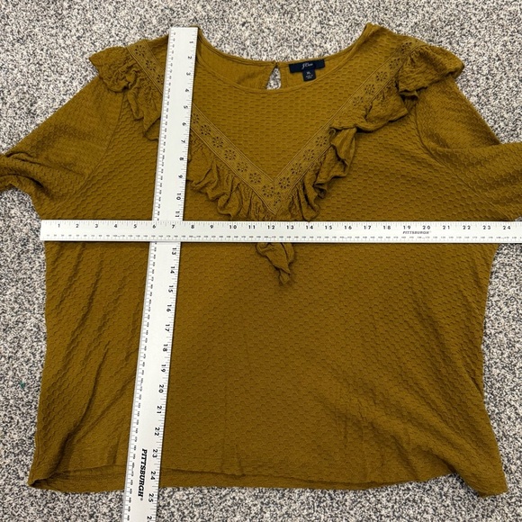 J. Crew Olive Gold Textured Boho Rustic Fall Cottagecore Blouse with Ruffle Trim - Picture 10 of 10